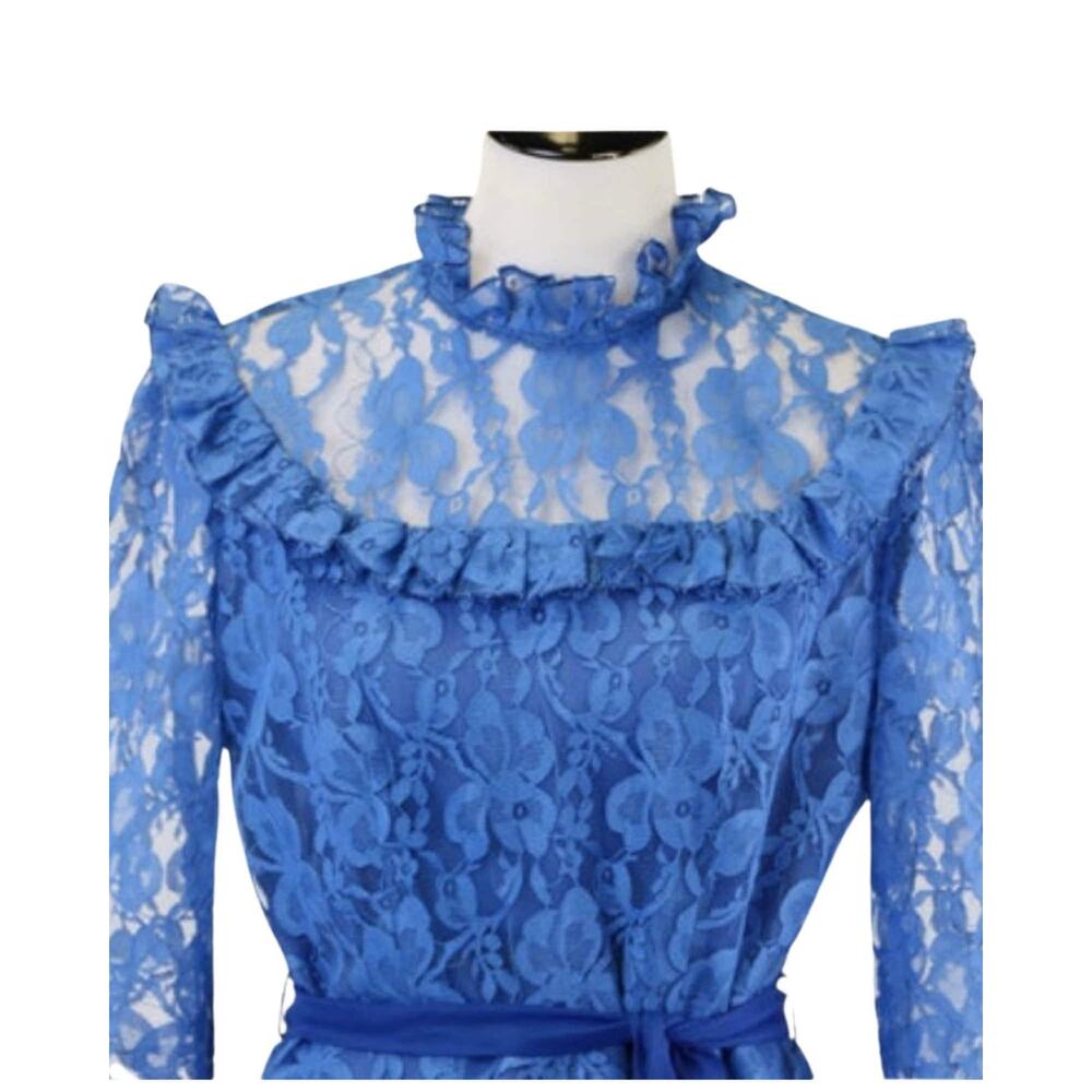 Vintage Cobalt Blue Lace Dress with Lace Ruffled Neckline/Cuffs Med/Large